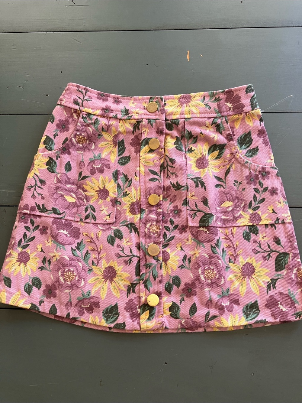 Girls Size 3-4/EU 104 Cotton Pink+Yellow Floral Button Embellished Skirt NWOT